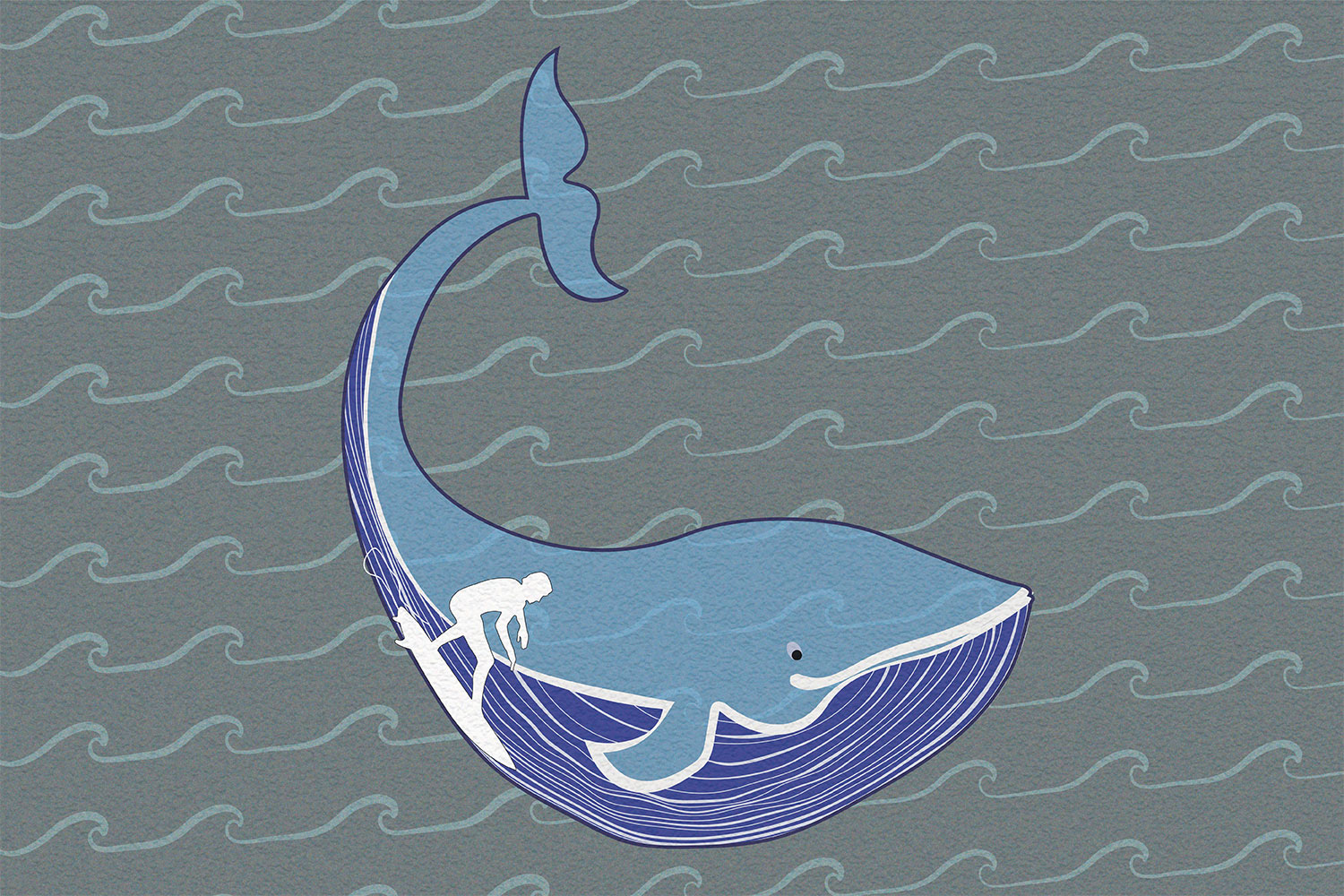 Nicola Hasler hat dieses Plakat gestalltet. Es zeigt einen Wal und auf dem Wal surft ein Junge.