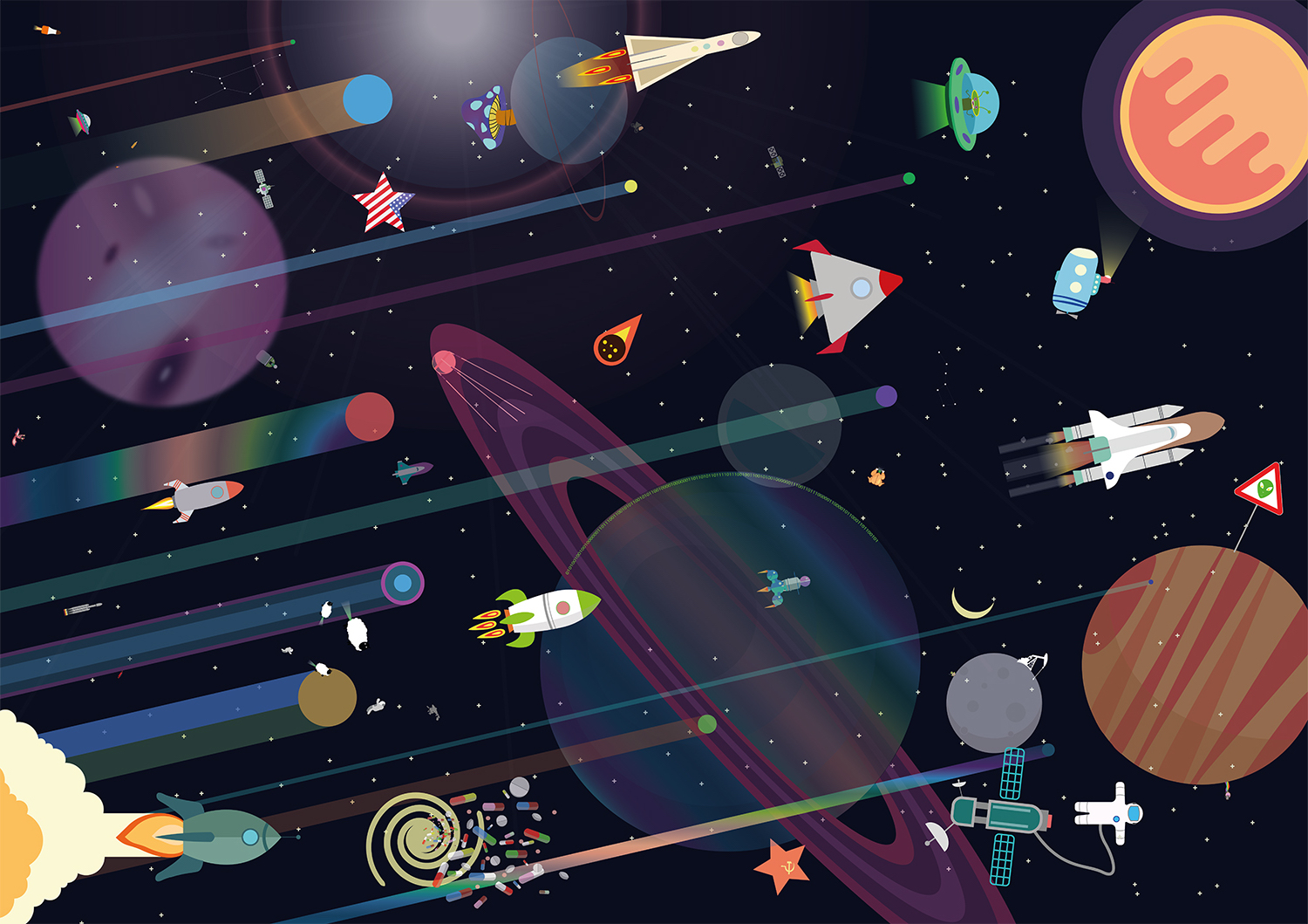 Dieses Plakat hat der Multimedia Producer Nicola Hasler gemacht. Man sieht darauf das All mit vielen Raketen und Planeten.